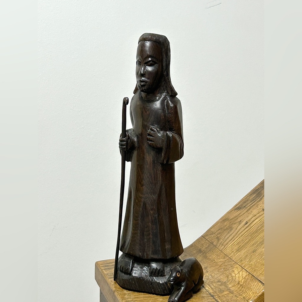 Vintage Ethiopian Artisan Hand Carved Ebony Wood African Shepherd Jesus Statue - Picture 13 of 16